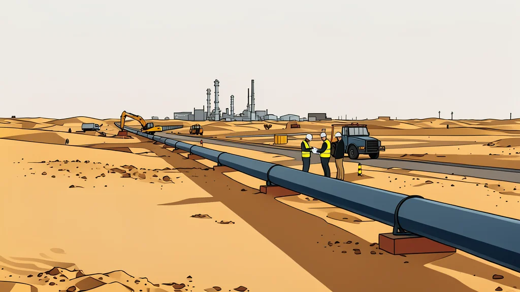 A long, silver metallic pipeline stretching across a desert landscape