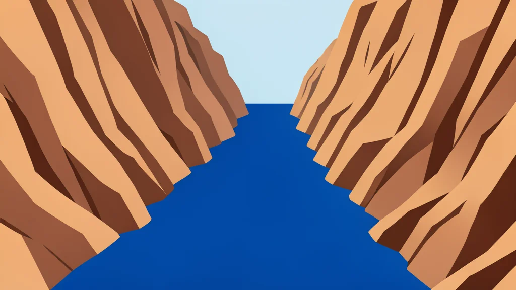 A narrow, deep blue waterway connecting two large bodies of water, flanked by steep, arid rocky cliffs.