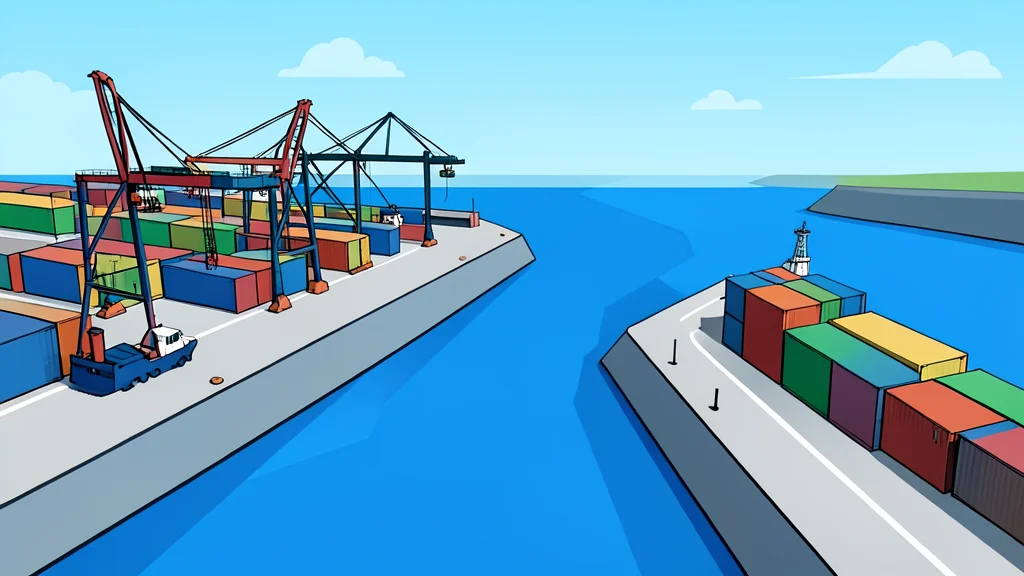 A stylized vector illustration of a coastal port with cranes and containers overlooking a narrow waterway.