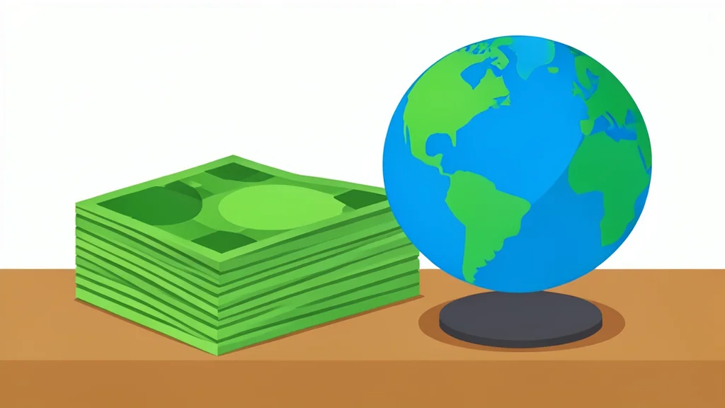 A stack of South Korean won banknotes resting on a wooden desk next to a globe