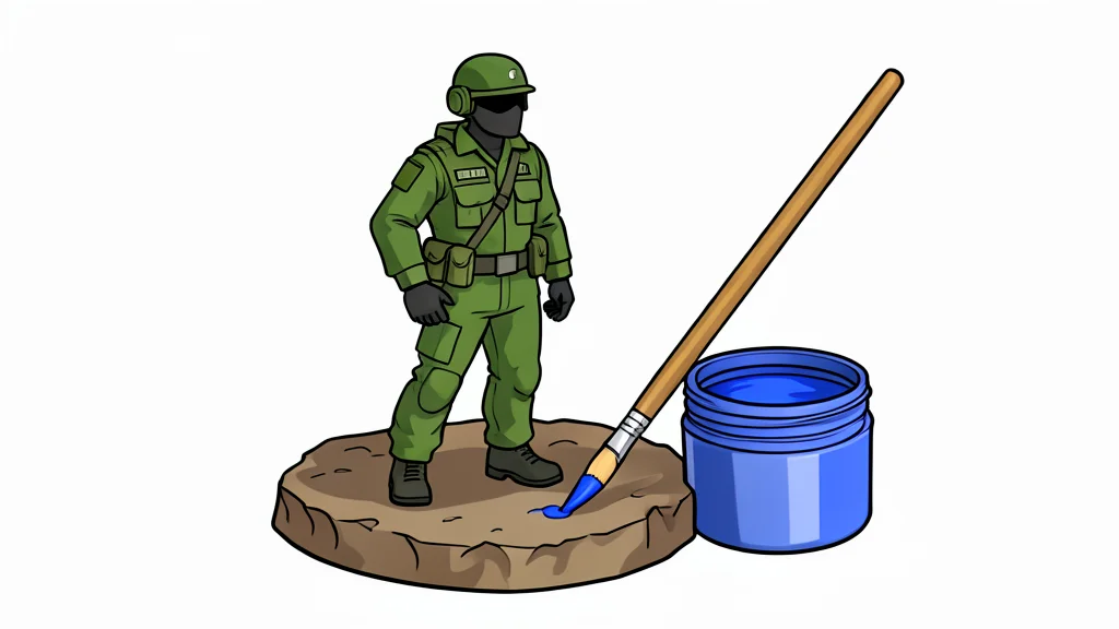 A miniature plastic soldier figure standing on a textured base next to a small paintbrush and a pot of paint
