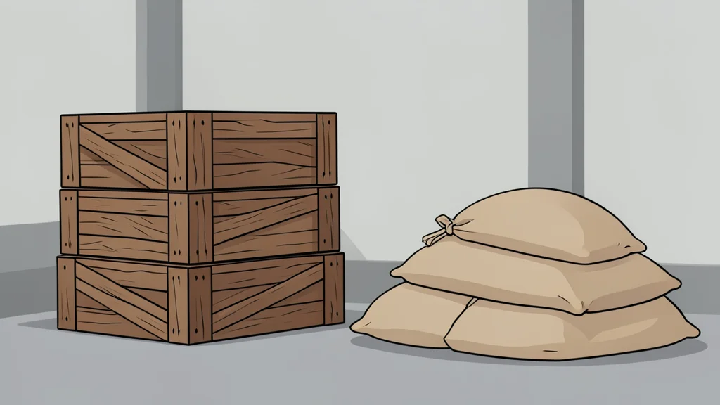A stack of rough-hewn wooden crates and a pile of raw grain sacks in a warehouse