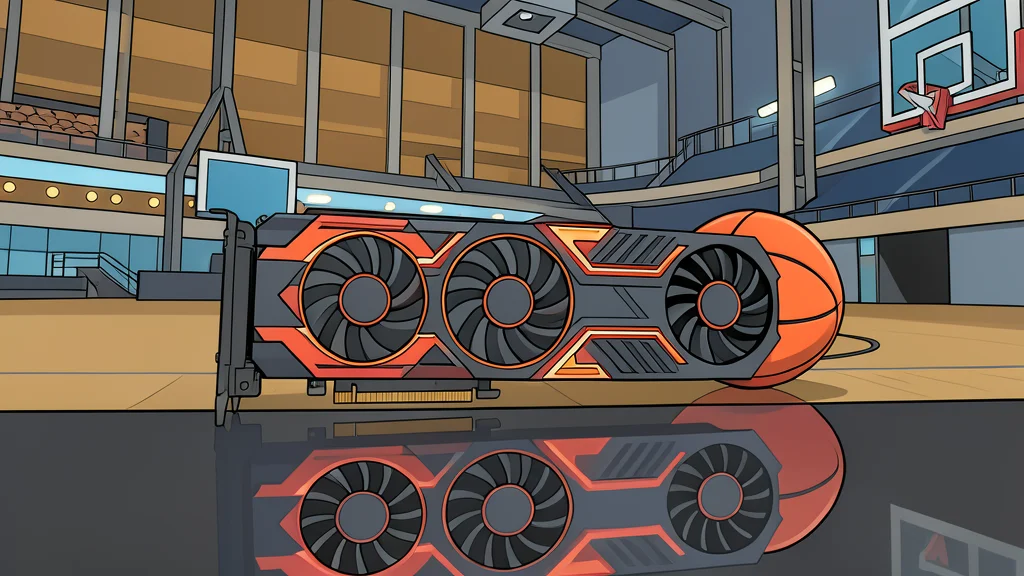 A high-end graphics card with a custom shroud resting on a desk next to a basketball