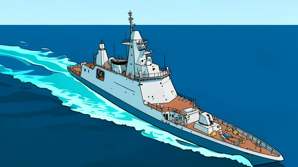 A large steel hull of a naval vessel under construction in a shipyard