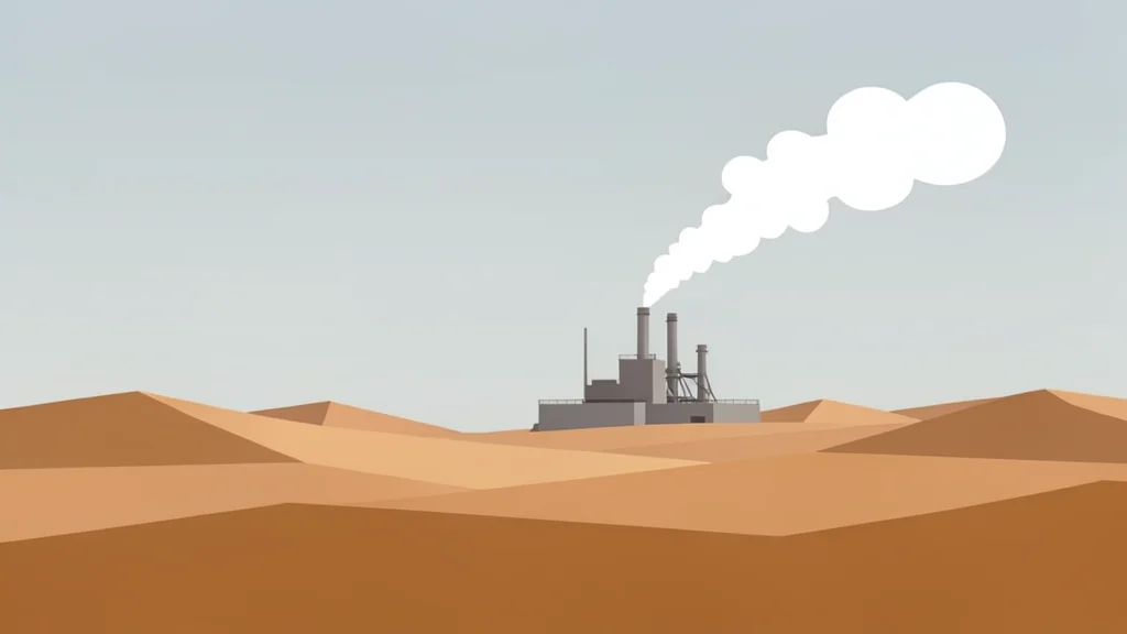 A desolate desert landscape with a distant industrial facility emitting white steam against a hazy sky.