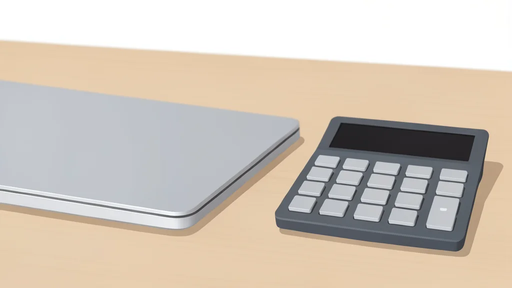 A modern office desk featuring a laptop and a calculator