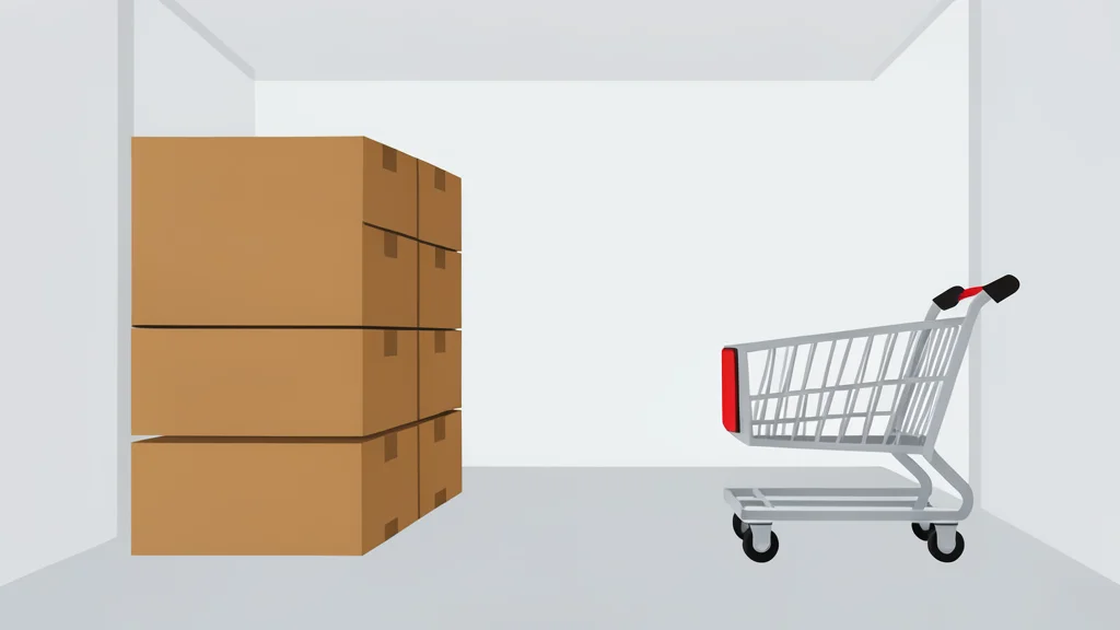 A stack of cardboard boxes and a shopping cart in a warehouse aisle
