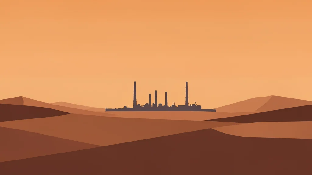 A desolate desert landscape with a distant industrial refinery silhouette against a hazy orange sky