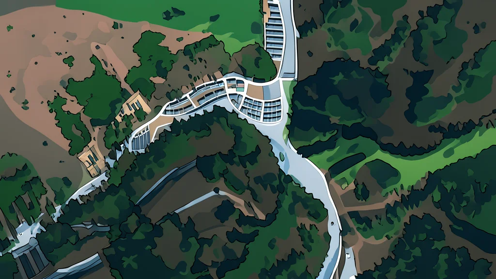 A rugged Himalayan mountain pass with a paved road winding through the valley and a small concrete helipad on a clearing