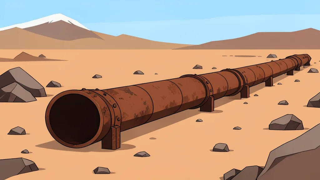 A long, rusted steel pipeline running through a dry, rocky desert landscape.