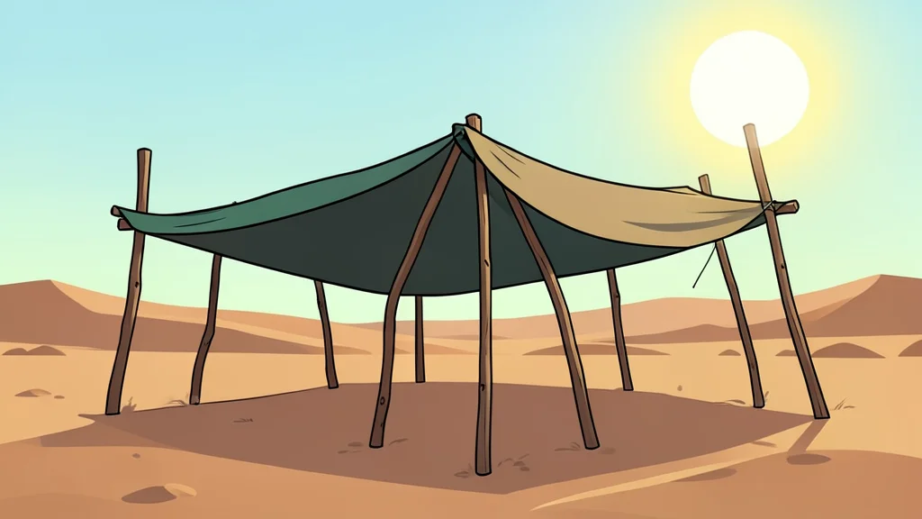 A dusty, arid landscape with a makeshift shelter constructed from wooden poles and a tarpaulin under a bright sun