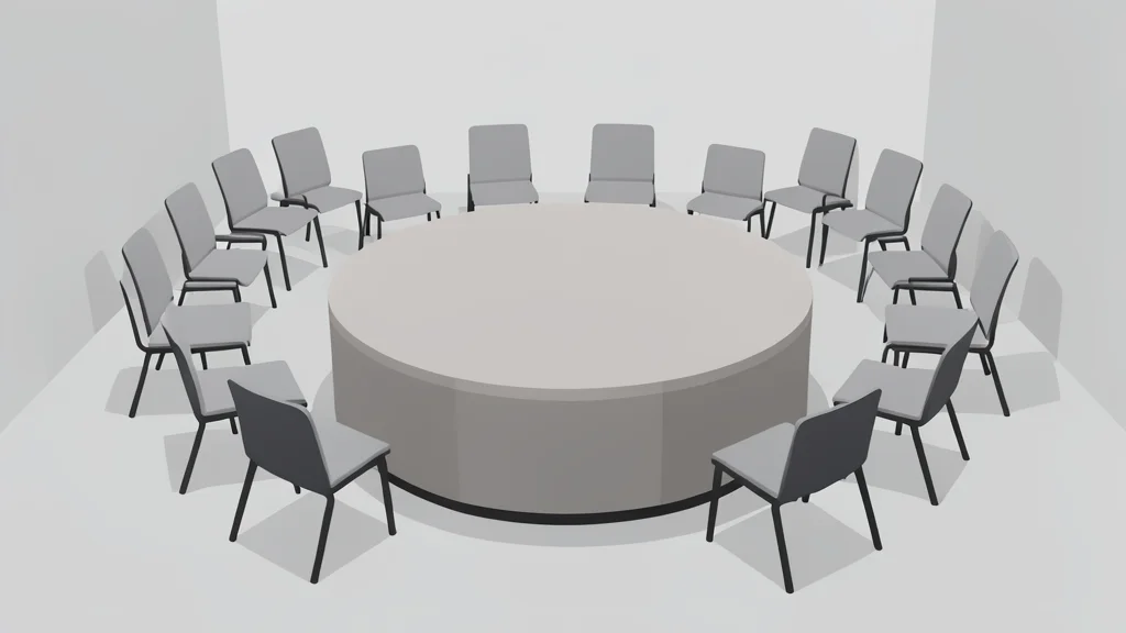 A minimalist vector illustration of a large round table surrounded by rows of empty chairs in a formal chamber setting.
