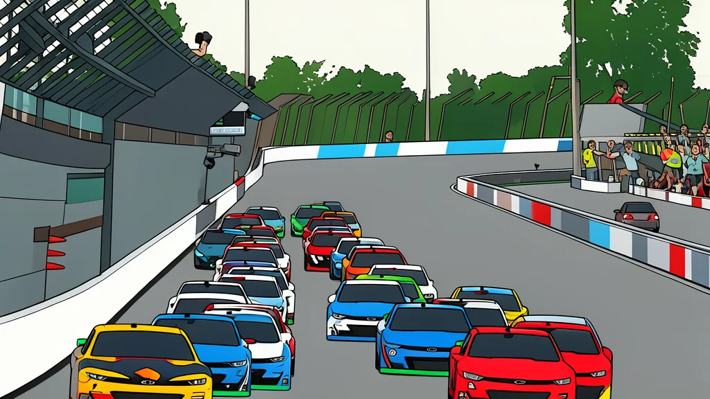 A paved pit lane with tire stacks and safety barriers