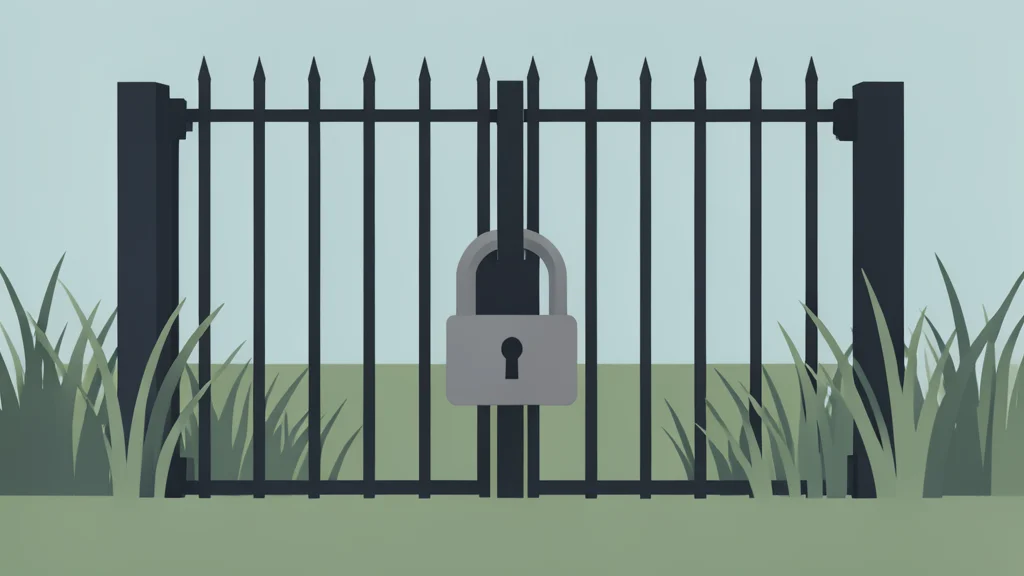 A heavy iron gate secured with a large padlock, standing in a field of tall grass