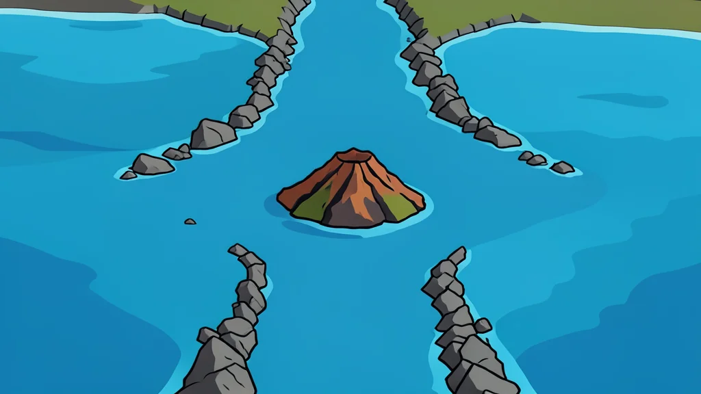 A narrow, rocky strait connecting two large bodies of water with a small volcanic island in the center