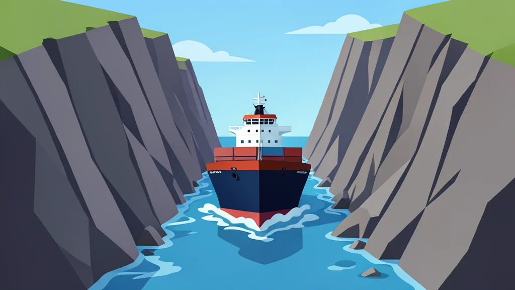 A cargo ship navigating through a narrow, rocky strait with steep cliffs on either side