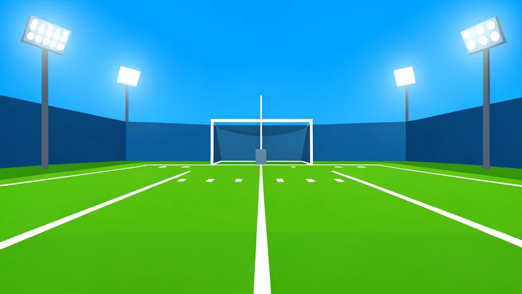A grassy football field with white yard lines stretching toward a goalpost under stadium lights