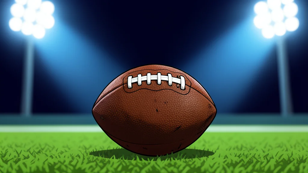 A football resting on green grass under stadium lights