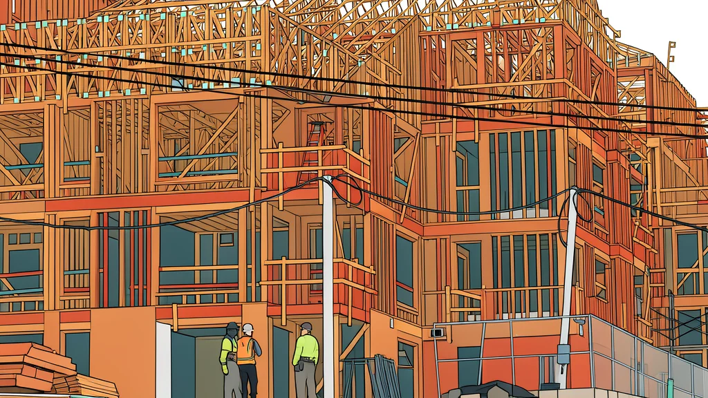 A robotic arm with a drill bit suspended above a wooden floor frame in a construction site