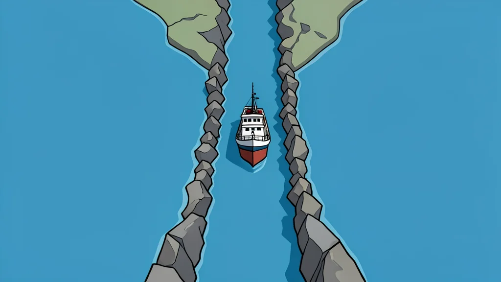 A flat vector illustration of a narrow rocky strait connecting two large bodies of water with a single ship navigating through the channel