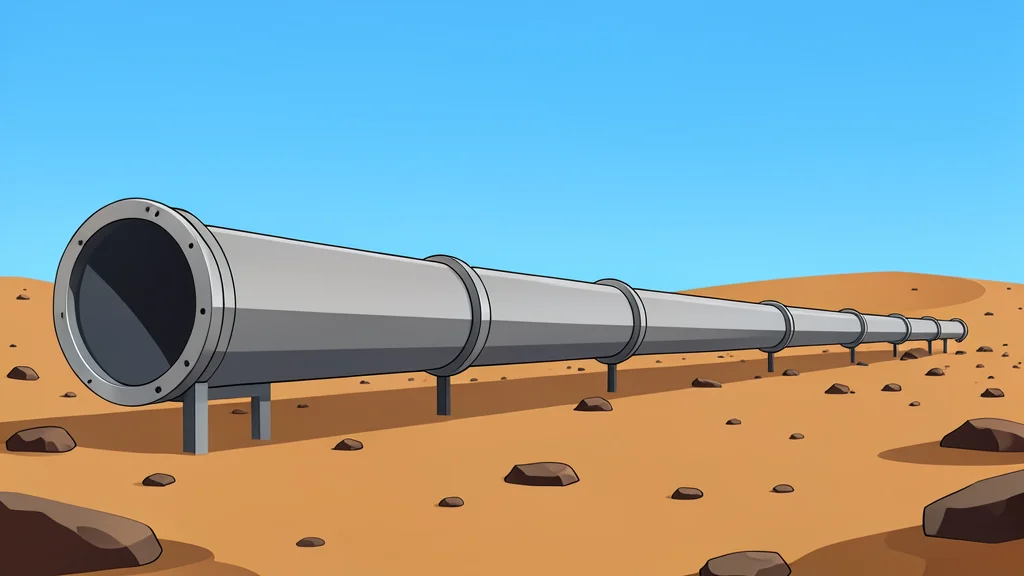 A long, metallic pipeline stretching across a dry, rocky desert landscape under a clear sky