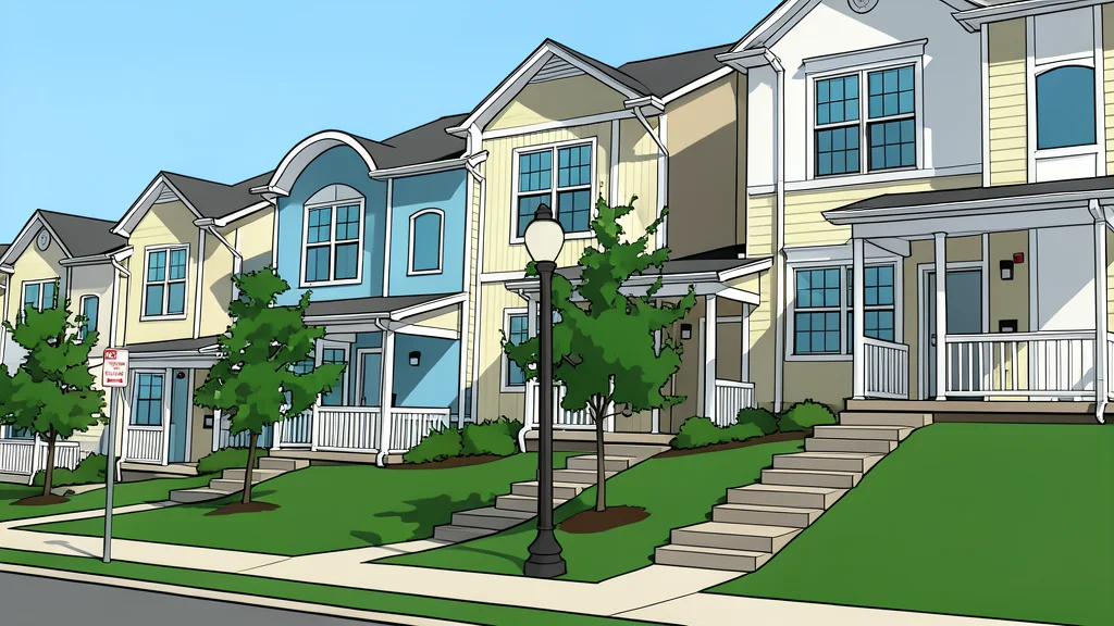 A row of suburban houses with front lawns and driveways under a clear sky