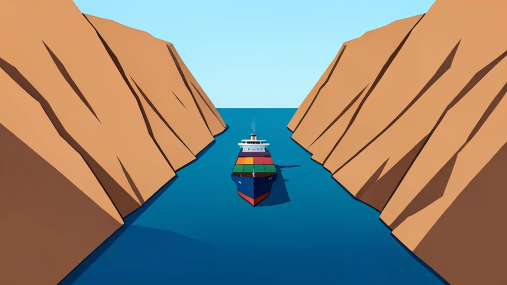 A flat-vector illustration of a narrow, deep-water strait flanked by steep, arid cliffs with a single cargo ship navigating through the channel
