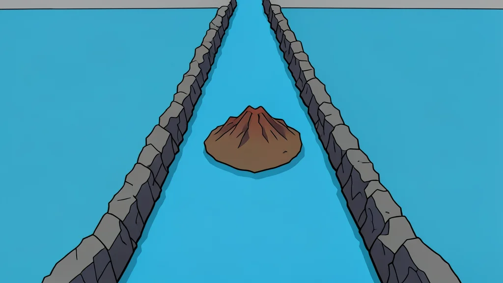 A flat vector illustration of a narrow rocky strait connecting two large bodies of water, with a small barren volcanic island in the center, rendered in muted earth tones and deep blues.