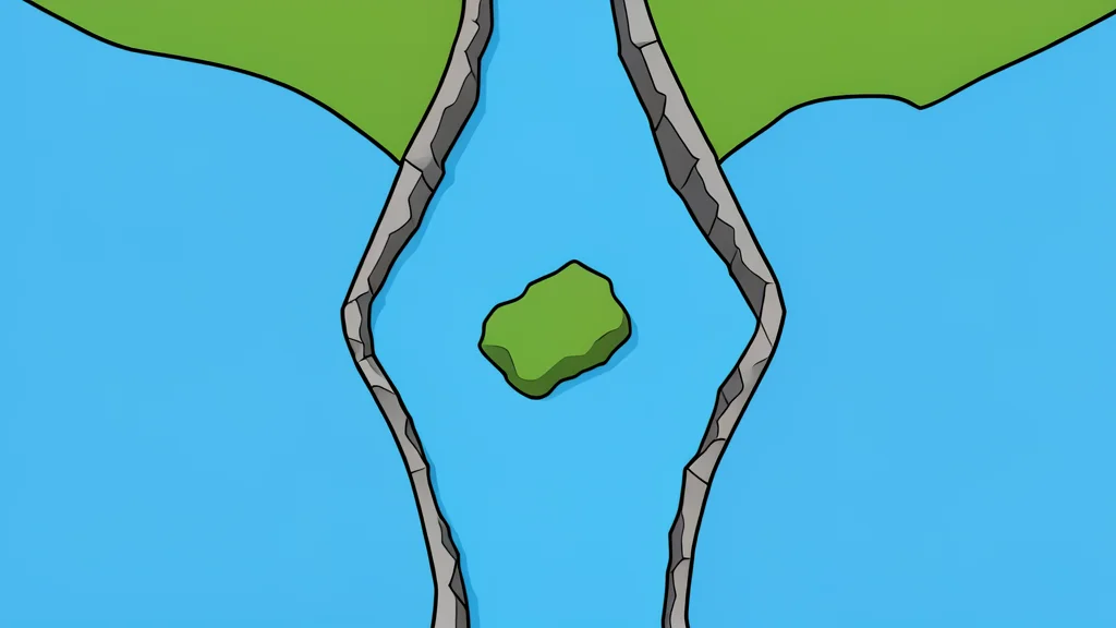 A flat vector illustration of a narrow rocky strait connecting two large bodies of water, featuring a small central island and stylized waves.