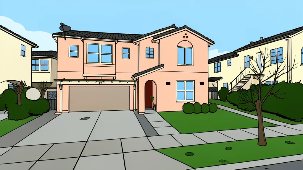 A flat vector illustration of a two-story suburban house with a garage and front yard.