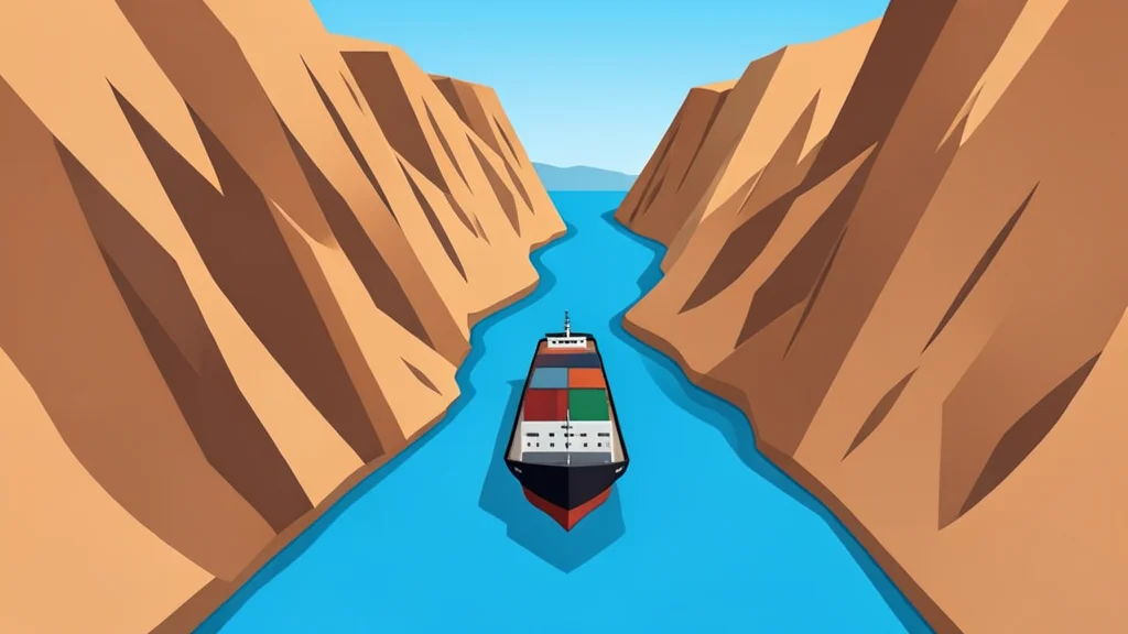 A single cargo ship navigating a narrow, winding waterway between steep, arid cliffs.