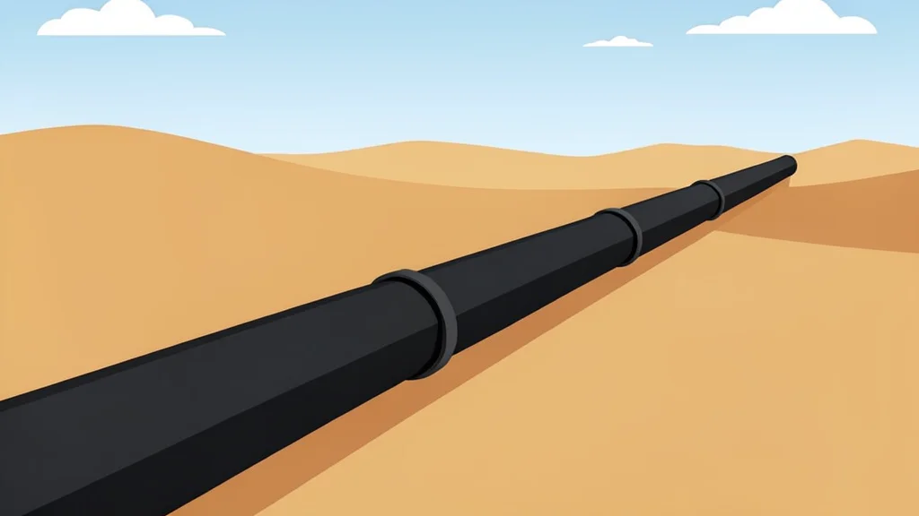 A long, dark pipeline running through a sandy desert landscape