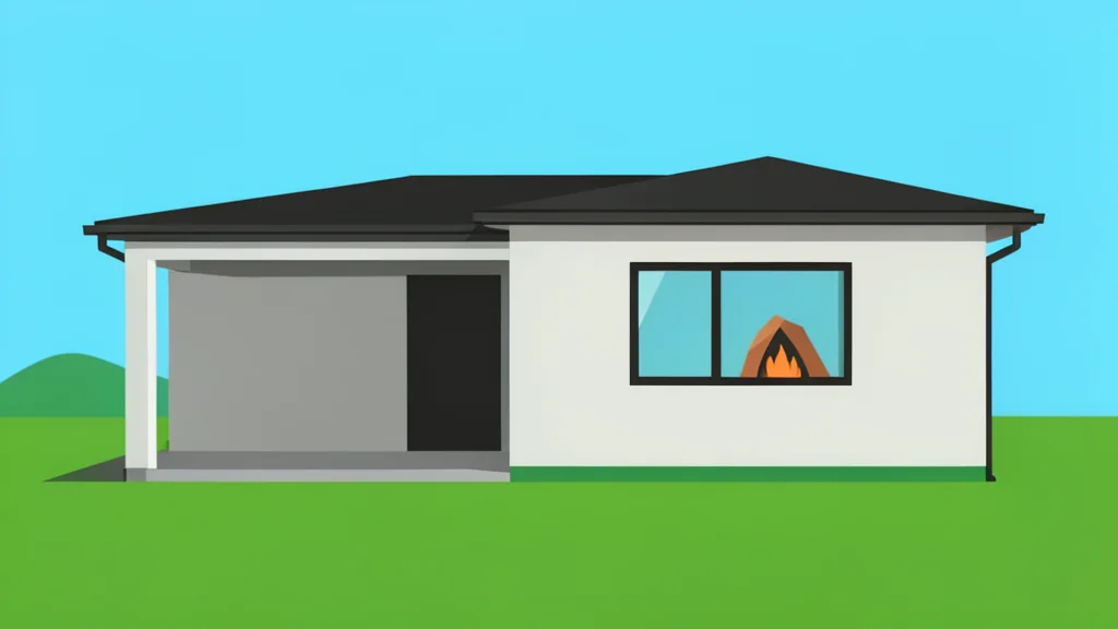 A single-story house with a carport and a fireplace visible through the window, situated on a grassy lot.