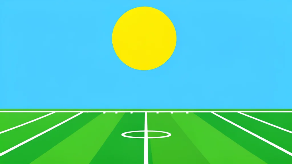A grassy football field with white yard lines under a bright sun