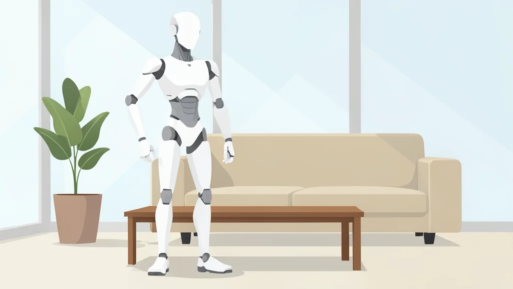 A sleek, bipedal humanoid robot standing in a modern, minimalist living room