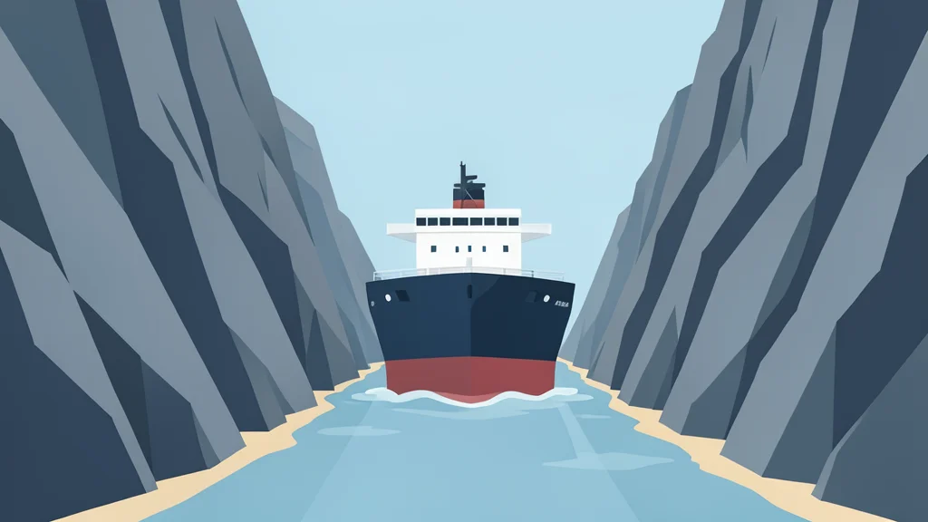 A large cargo ship navigating a narrow waterway between steep rocky cliffs