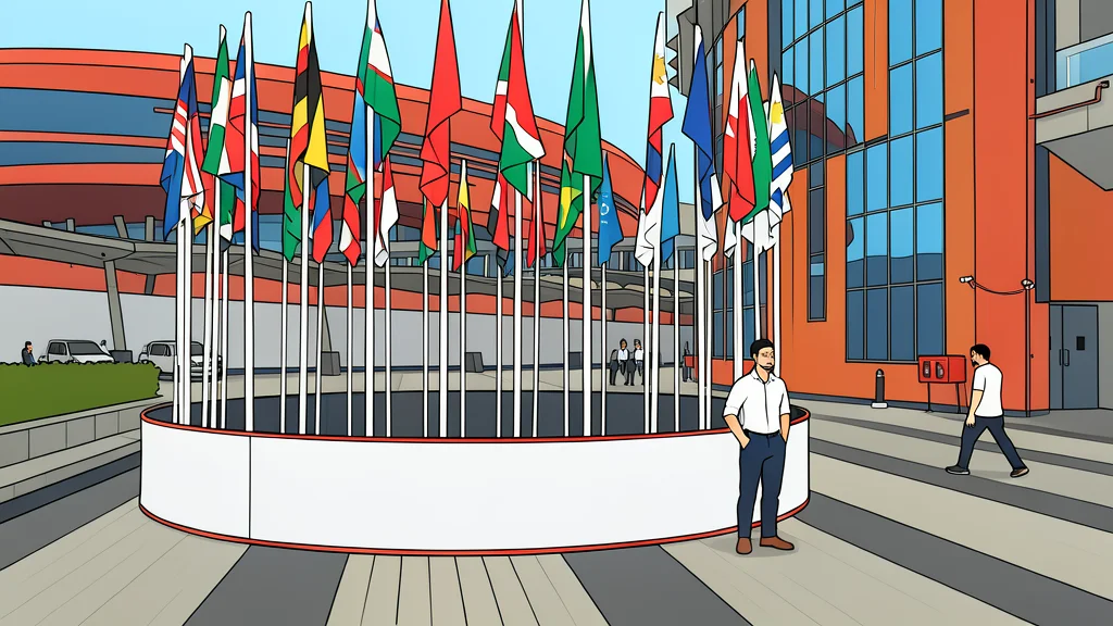 A large, round conference table with empty chairs arranged in a circle, symbolizing multilateral negotiation