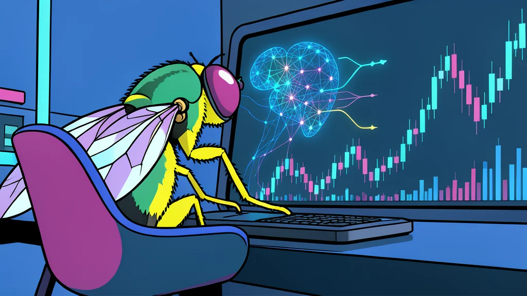 A small, translucent fruit fly perched on a smooth, dark surface next to a glowing, abstract geometric shape representing a digital network.