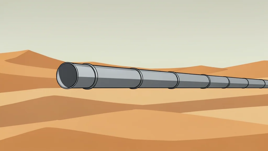 A long, metallic pipeline stretching across a dry, sandy desert landscape under a hazy sky