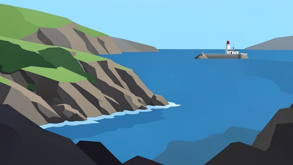A rugged coastline meeting the sea with a small port structure in the distance