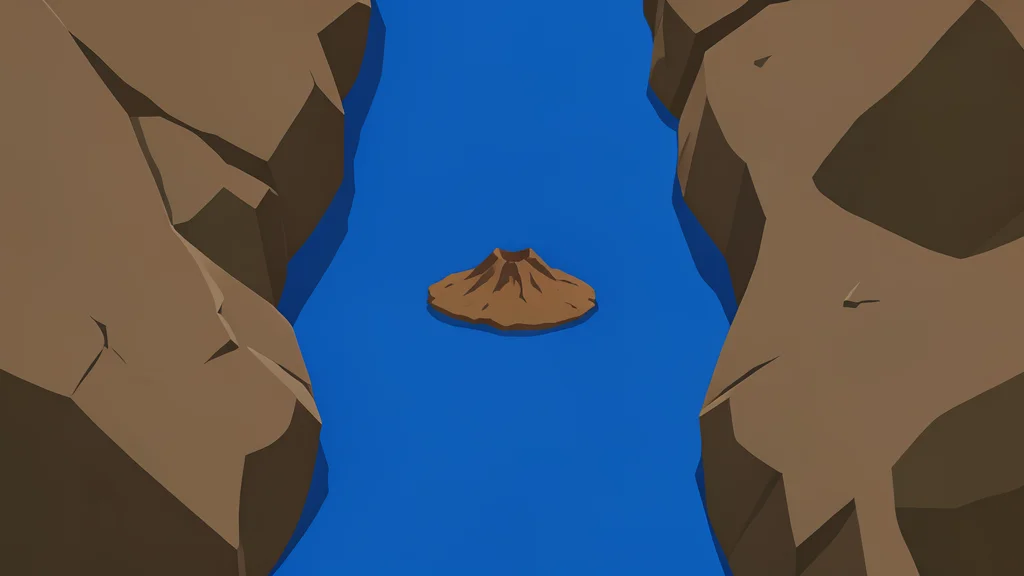 A narrow, deep blue water channel separating two rocky landmasses with a single small, barren volcanic island in the center