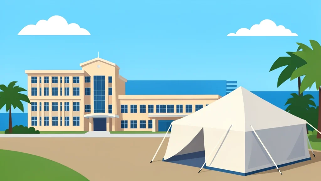 A coastal city landscape featuring a hospital building and a medical tent in the foreground