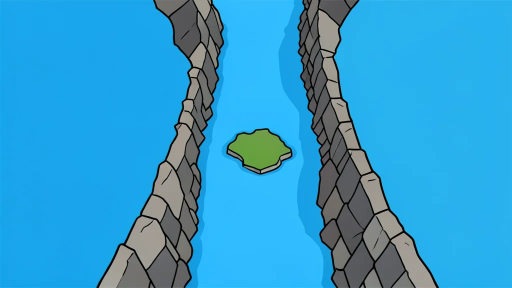 A narrow, rocky strait connecting two large bodies of water, with a small, isolated island situated in the middle of the channel.