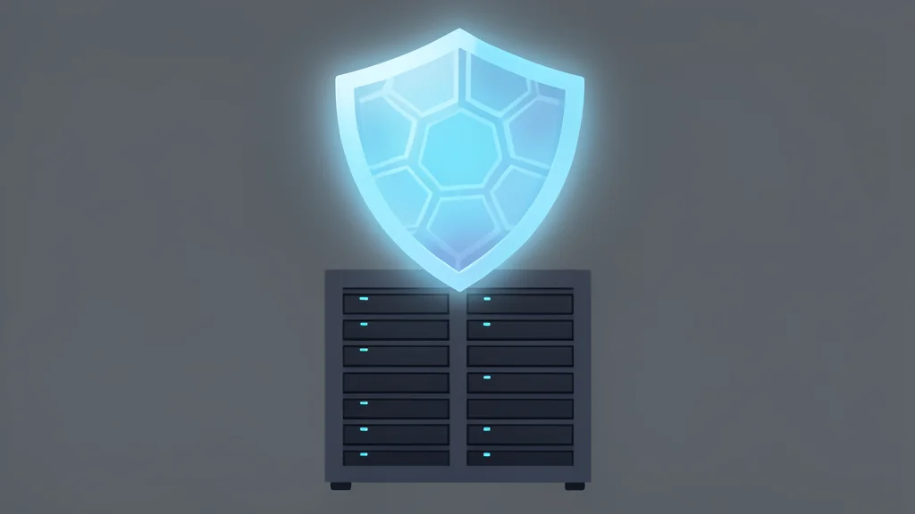 A glowing digital shield hovering over a server rack