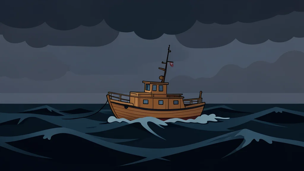 A small wooden ferry boat floating in rough, dark ocean waves under a stormy sky