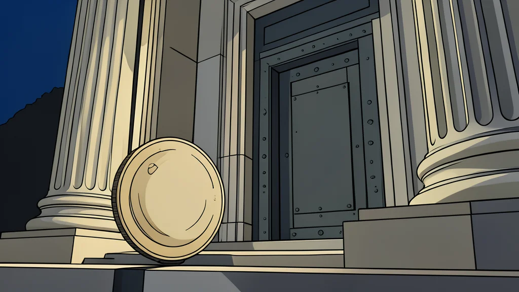 A traditional bank vault door standing next to a digital key icon