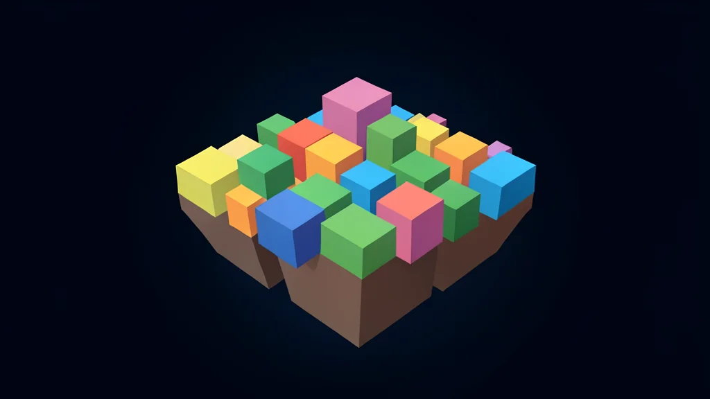 A virtual blocky landscape constructed from colorful geometric cubes and platforms floating in a void