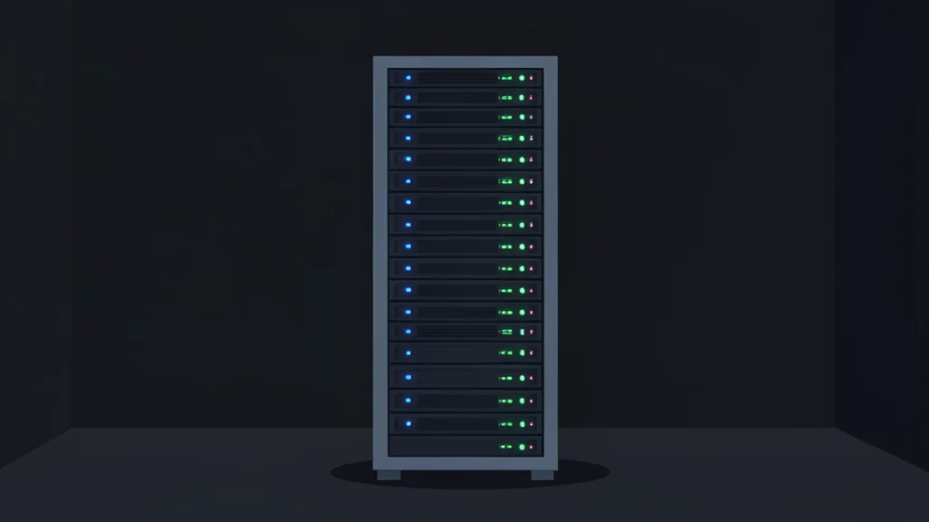 A server rack with blinking status lights in a dark room