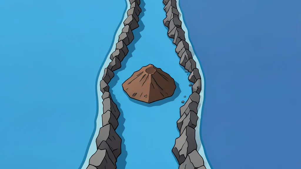 A flat vector illustration of a narrow rocky strait connecting two bodies of water with a small barren volcanic island in the center.