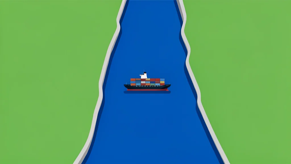 A narrow, deep blue waterway connecting two large landmasses with a single cargo ship passing through the center
